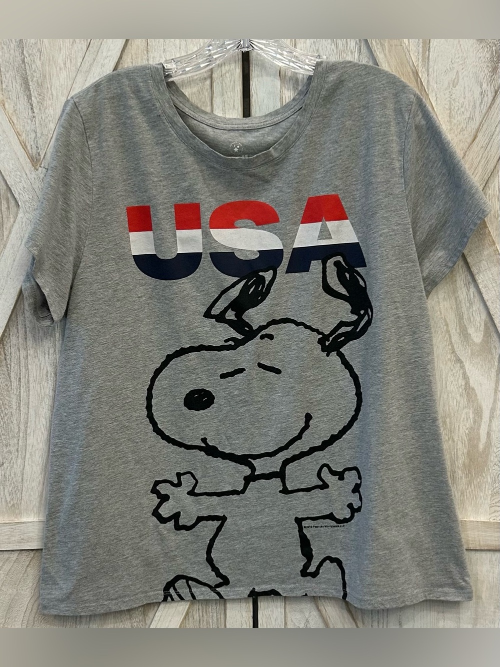 Peanuts Snoopy USA T Shirt Woman’s XL Patriotic Americana 2019 Graphic Tee Gray